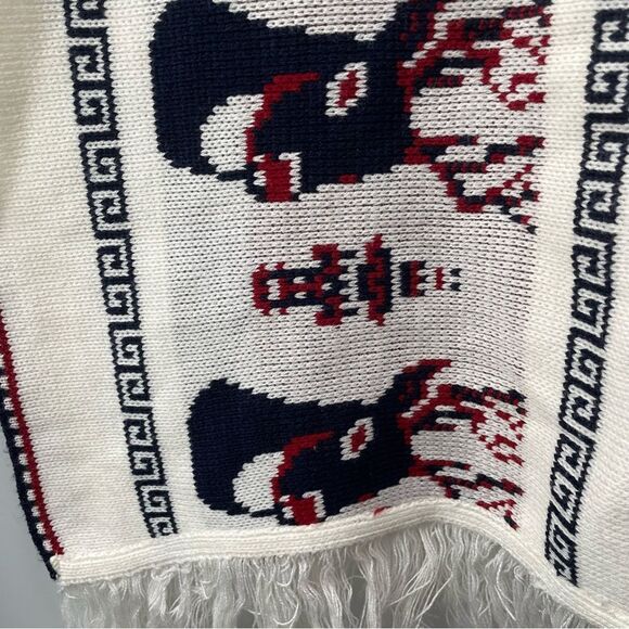 [l] Creme White Knit Holiday Poncho Sweater with Navy Blue & Red Reindeer Print - Picture 9 of 14